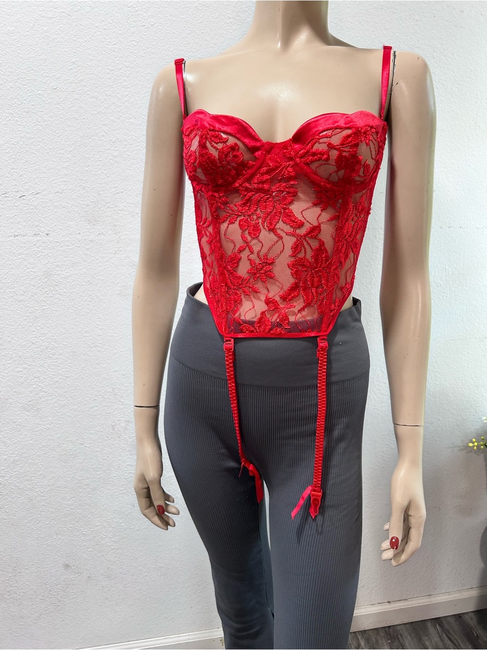 Victoria’s Secret Red Lace Sheer Bustier with Adjustable Garter Straps